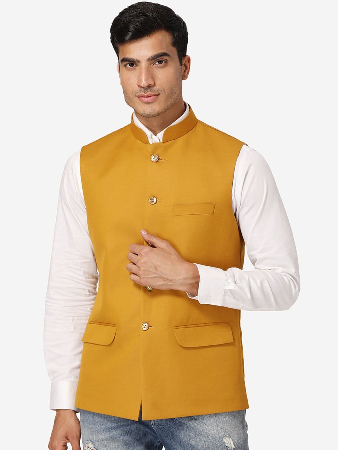 Wintage Men Mustard Yellow Solid Nehru Jacket - view 1