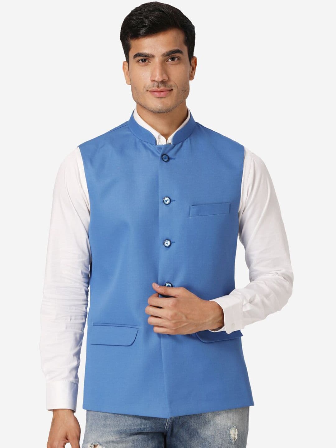 Wintage Men Blue Solid Nehru Jacket - view 1