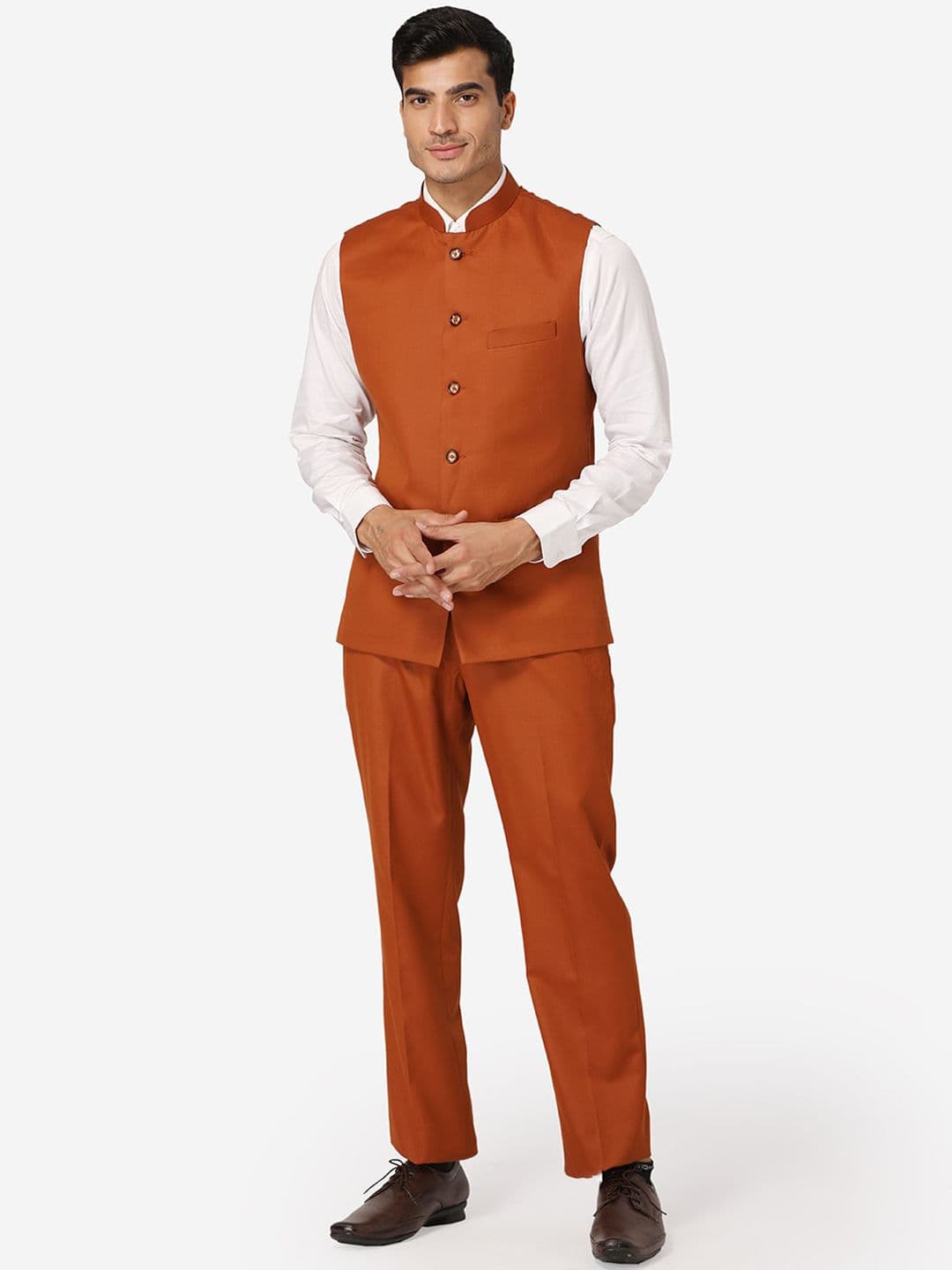 Wintage Men Rust Orange Solid Bandhgala Formal Two-Piece Suit - view 1