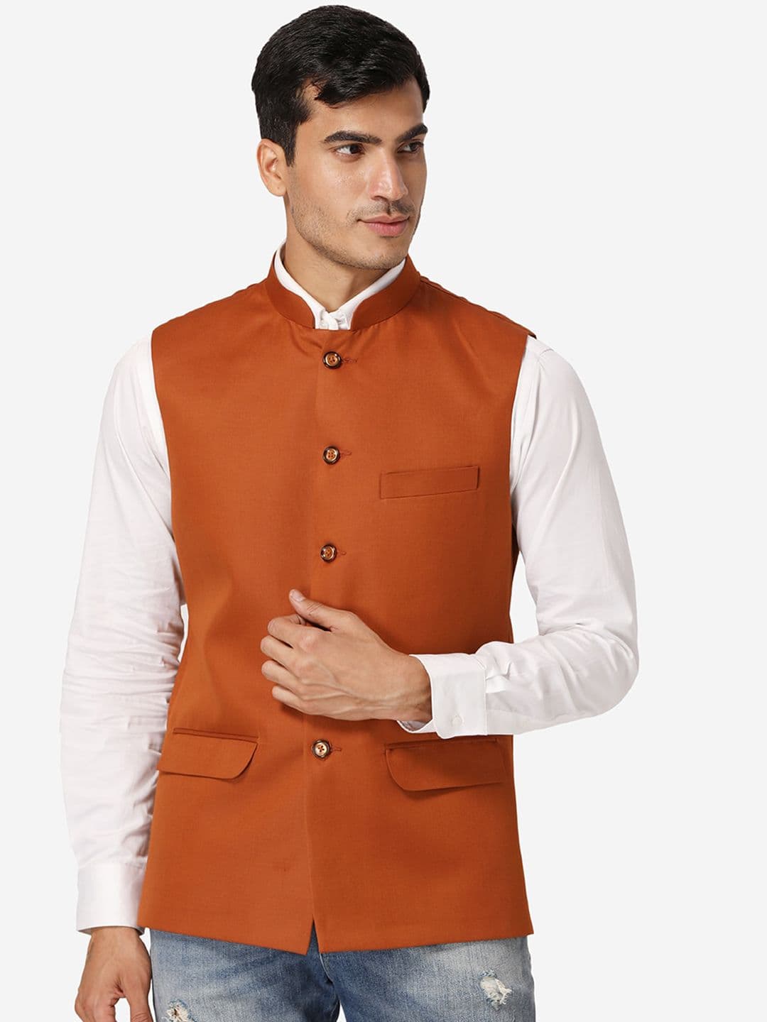 Wintage Men Rust Orange Solid Casual Nehru Jacket - view 1