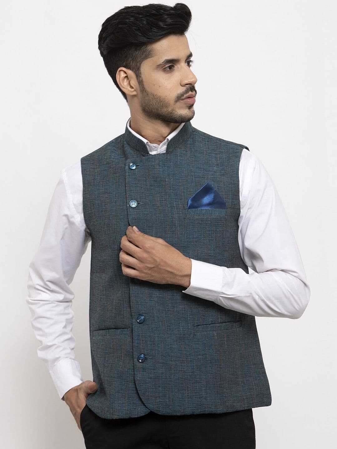 KLOTTHE Men Blue Solid Woven Design Pure Cotton Nehru Jacket - view 1