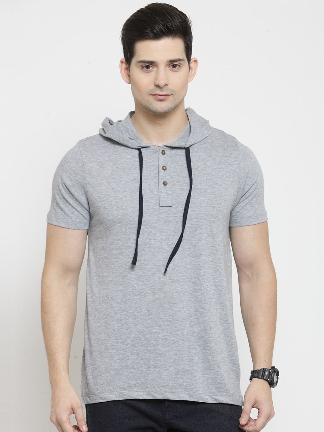 Kalt Men Grey Melange Solid Hood T-shirt - view 1