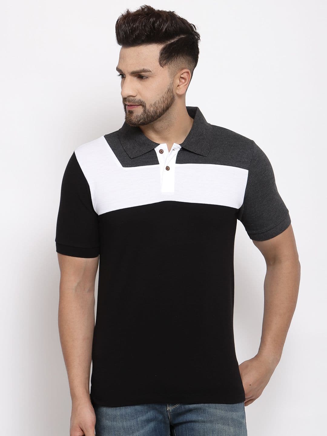 Kalt Men Black & White Colourblocked Polo Collar T-shirt - view 1