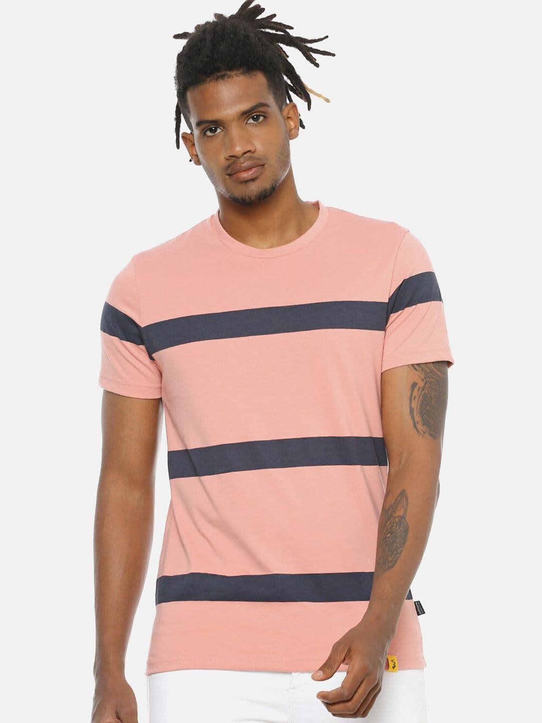 CAHOOT Men Pink Blue Striped Round Neck Pure Cotton T-shirt - view 1