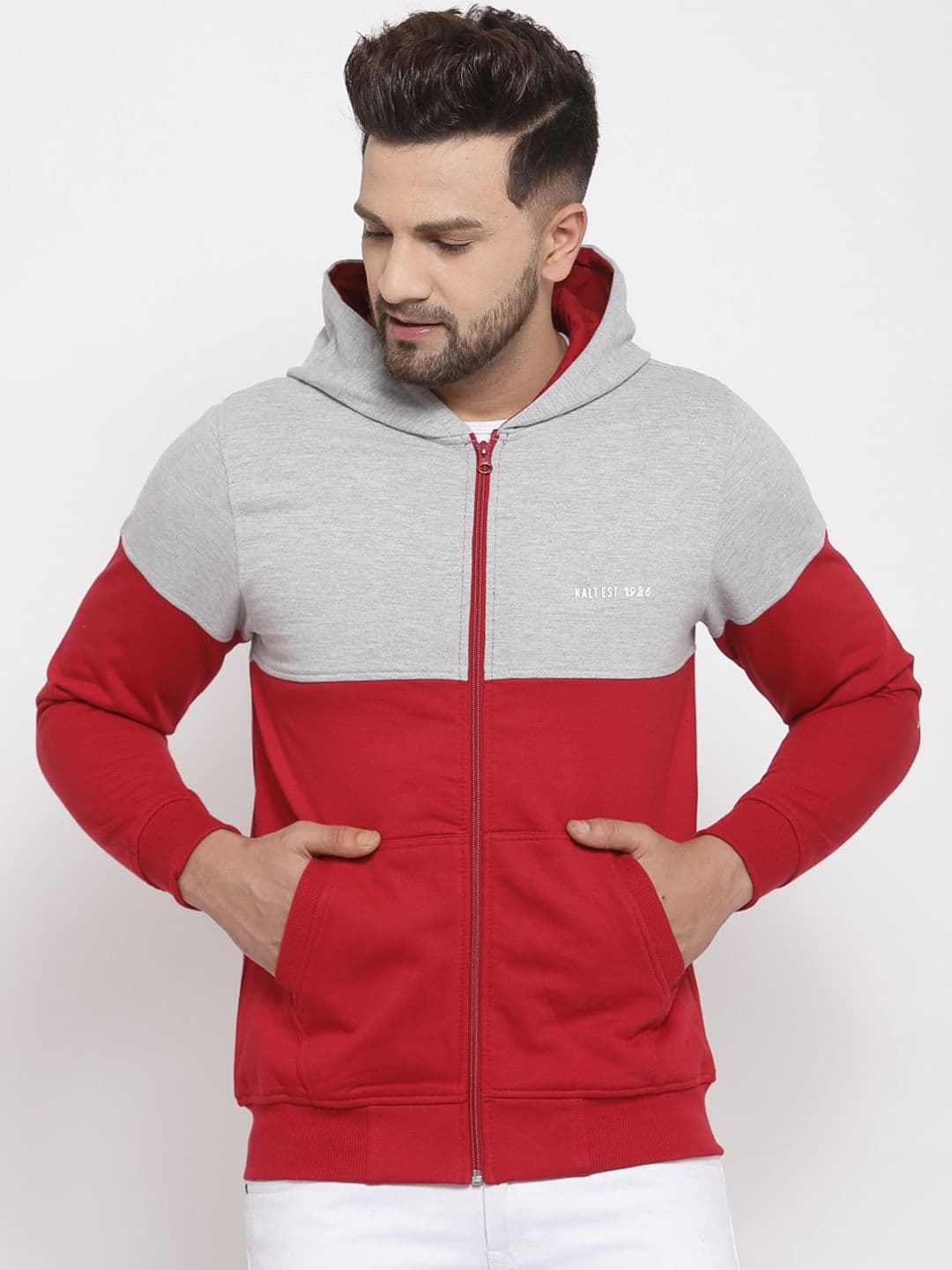 Kalt Men Red & Grey Colourblocked Fleece Sporty Jacket - view 1