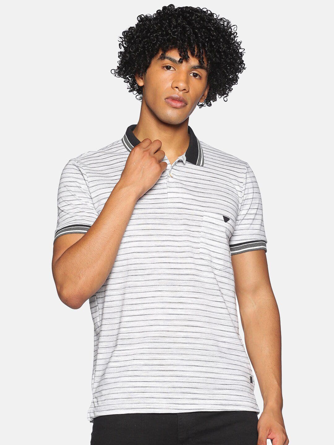 CAHOOT Men Grey Melange Striped Cotton Polo Collar T-shirt - view 1