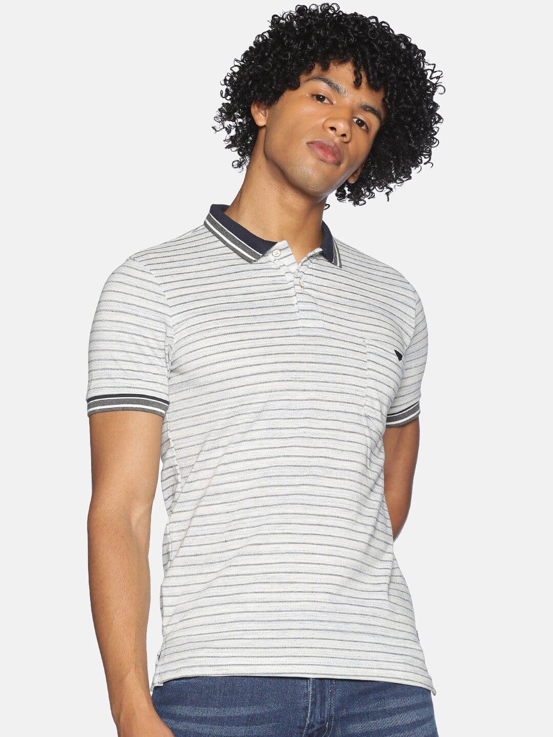 CAHOOT Men Grey Melange Striped Cotton Polo Collar T-shirt - view 1