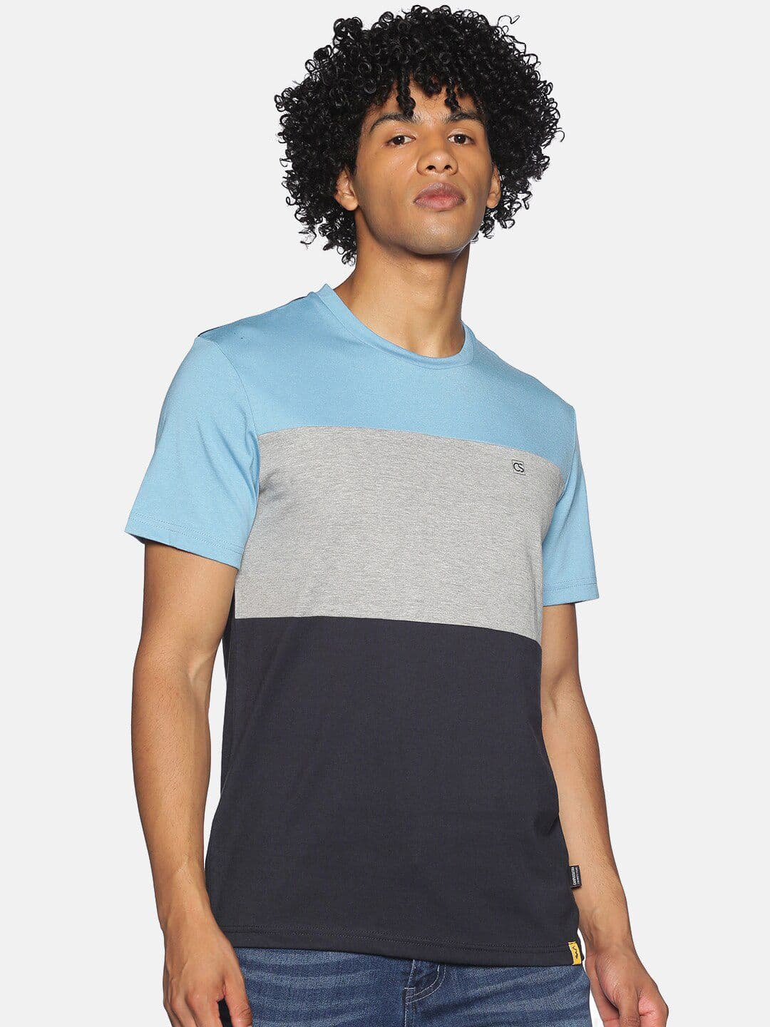 CAHOOT Men Blue & Grey Melange Colourblocked Cotton Round Neck T-shirt - view 1