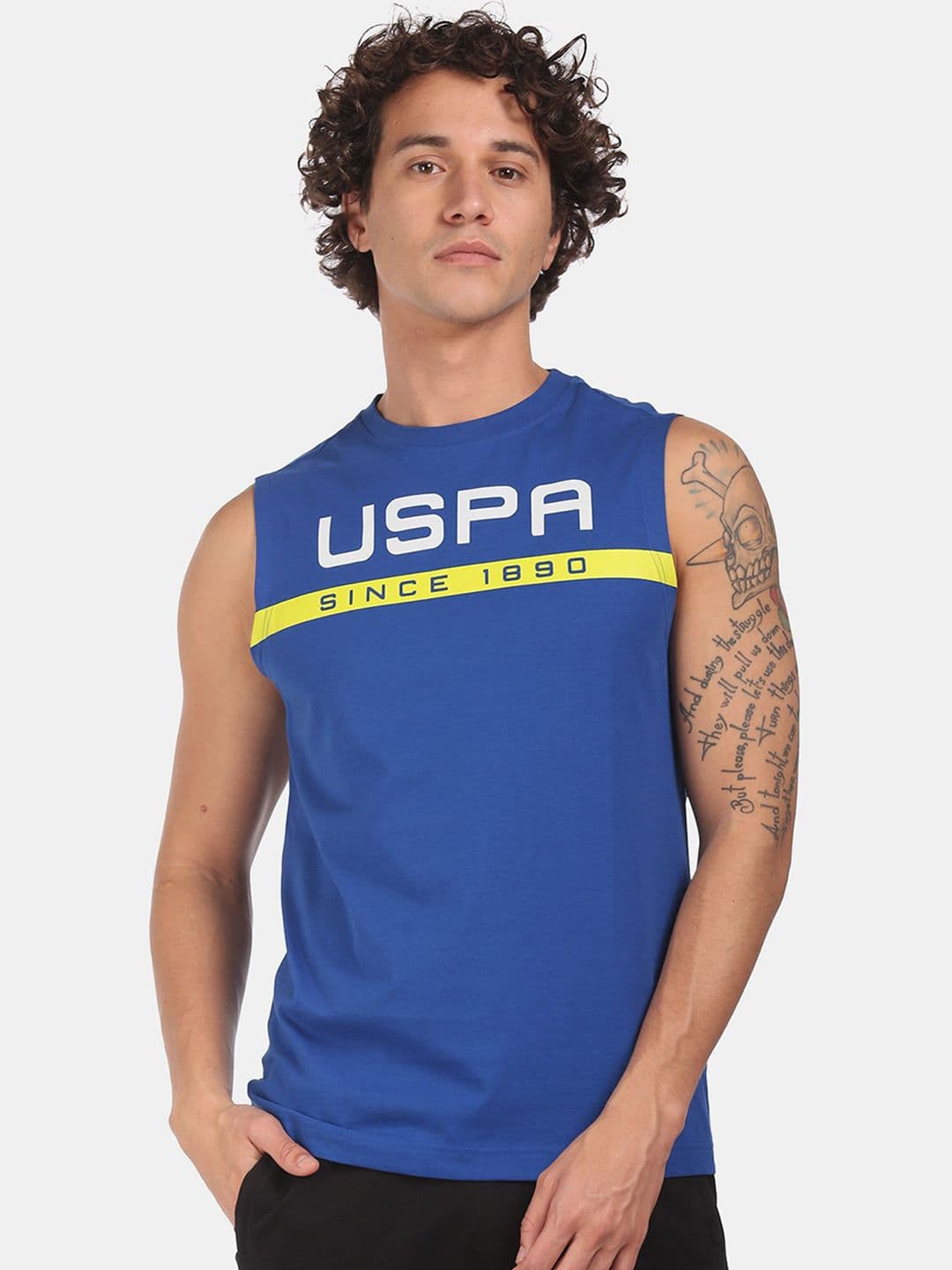 U.S. Polo Assn. Men Blue & White Brand Printed Cotton Lounge T-shirt - view 1