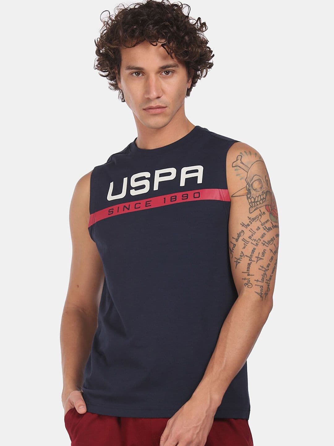 U.S. Polo Assn. Men Blue & White Brand Printed Cotton Lounge T-shirt - view 1