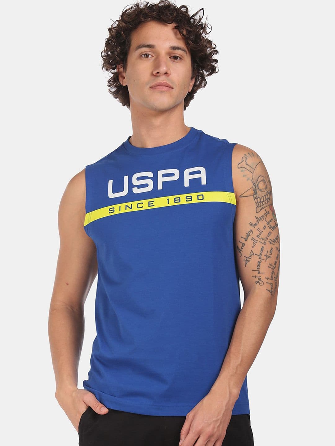 U.S. Polo Assn. Men Blue & White Printed Sleeveless Cotton Lounge T-Shirt - view 1