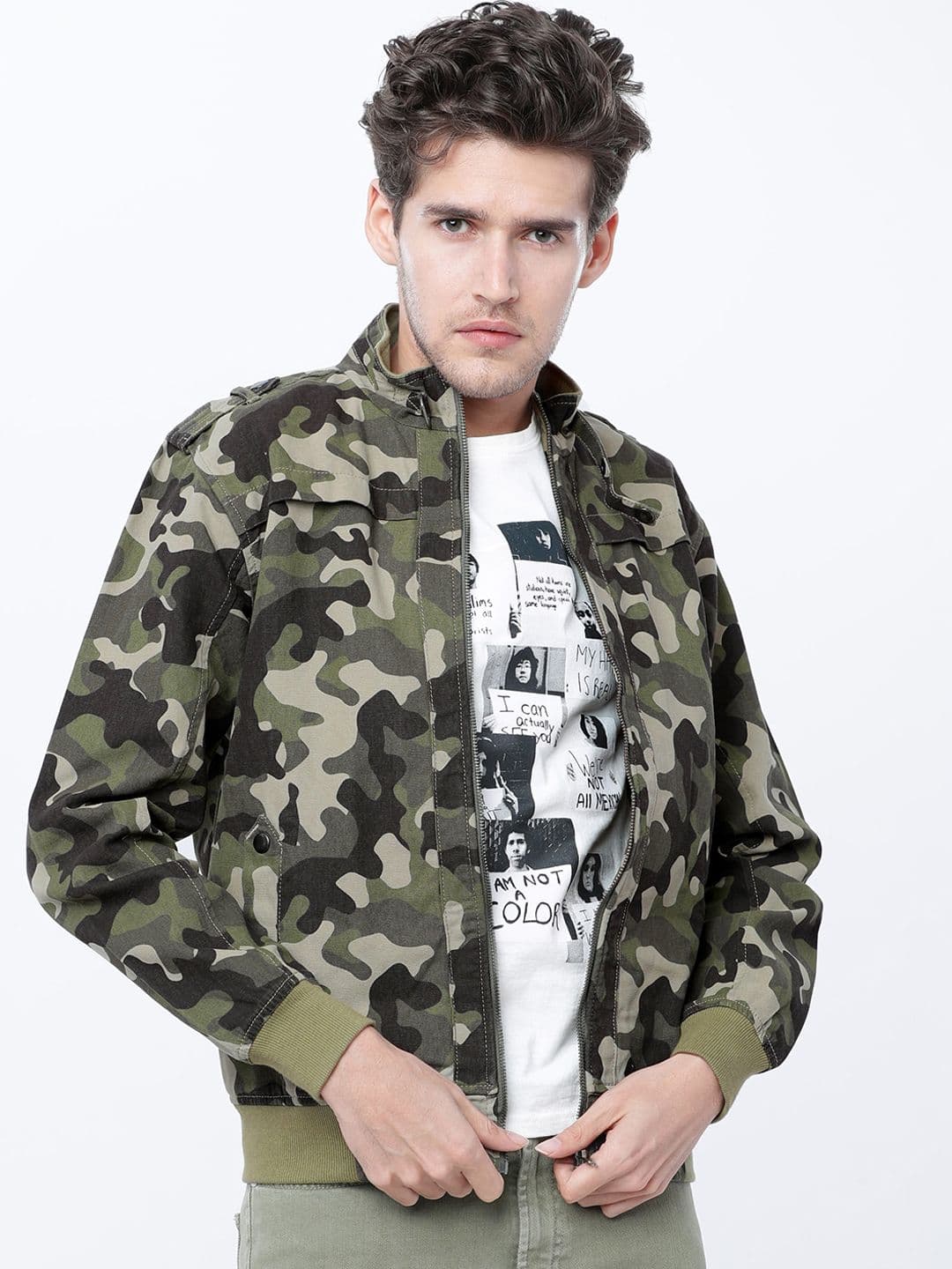 HIGHLANDER Men Olive Green & Beige Camouflage Bomber Jacket - view 1
