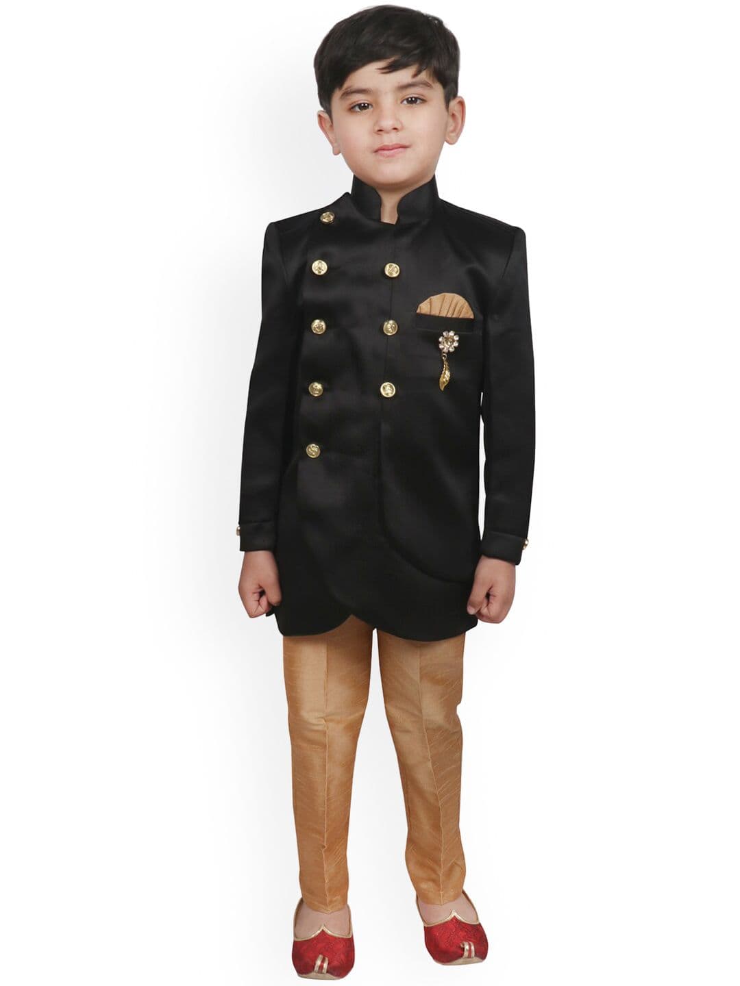 SG YUVRAJ Boys Black & Gold Coloured Solid Sherwani Set - view 1