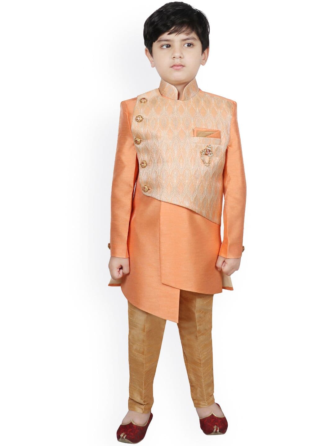 SG YUVRAJ Boys Orange & Gold-Coloured Woven-Design Sherwani Set - view 1