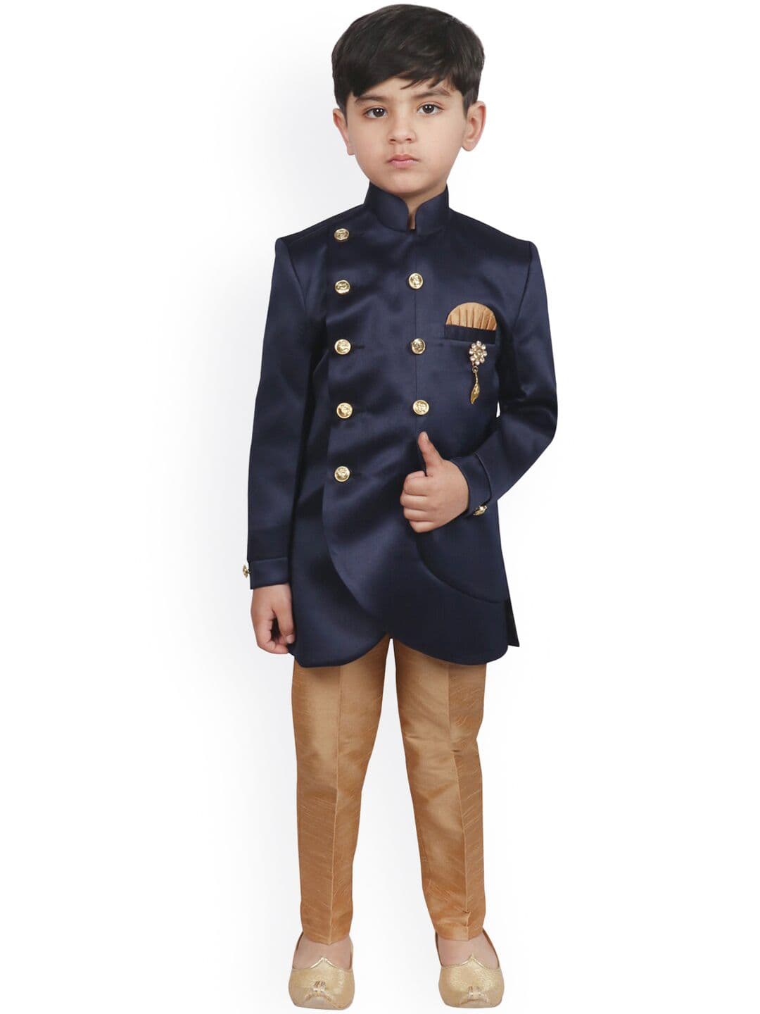 SG YUVRAJ Boys Navy Blue & Gold-Coloured Solid Sherwani Set - view 1