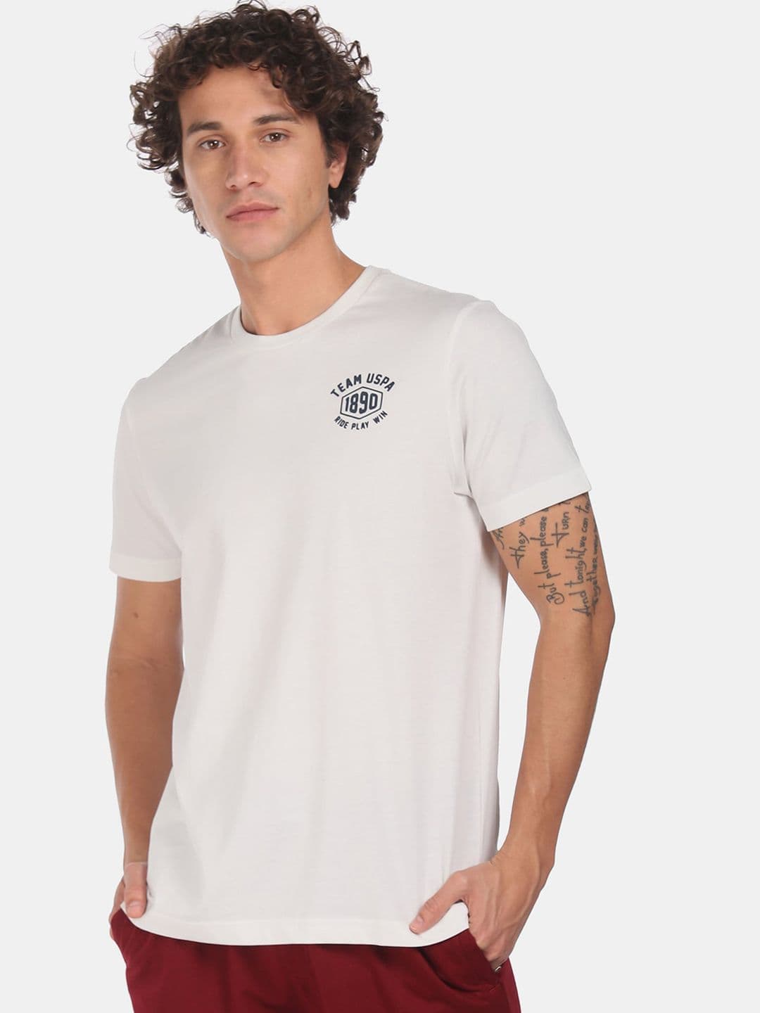 U.S. Polo Assn. Men Off-White Pure Cotton Solid Lounge T-Shirt - view 1