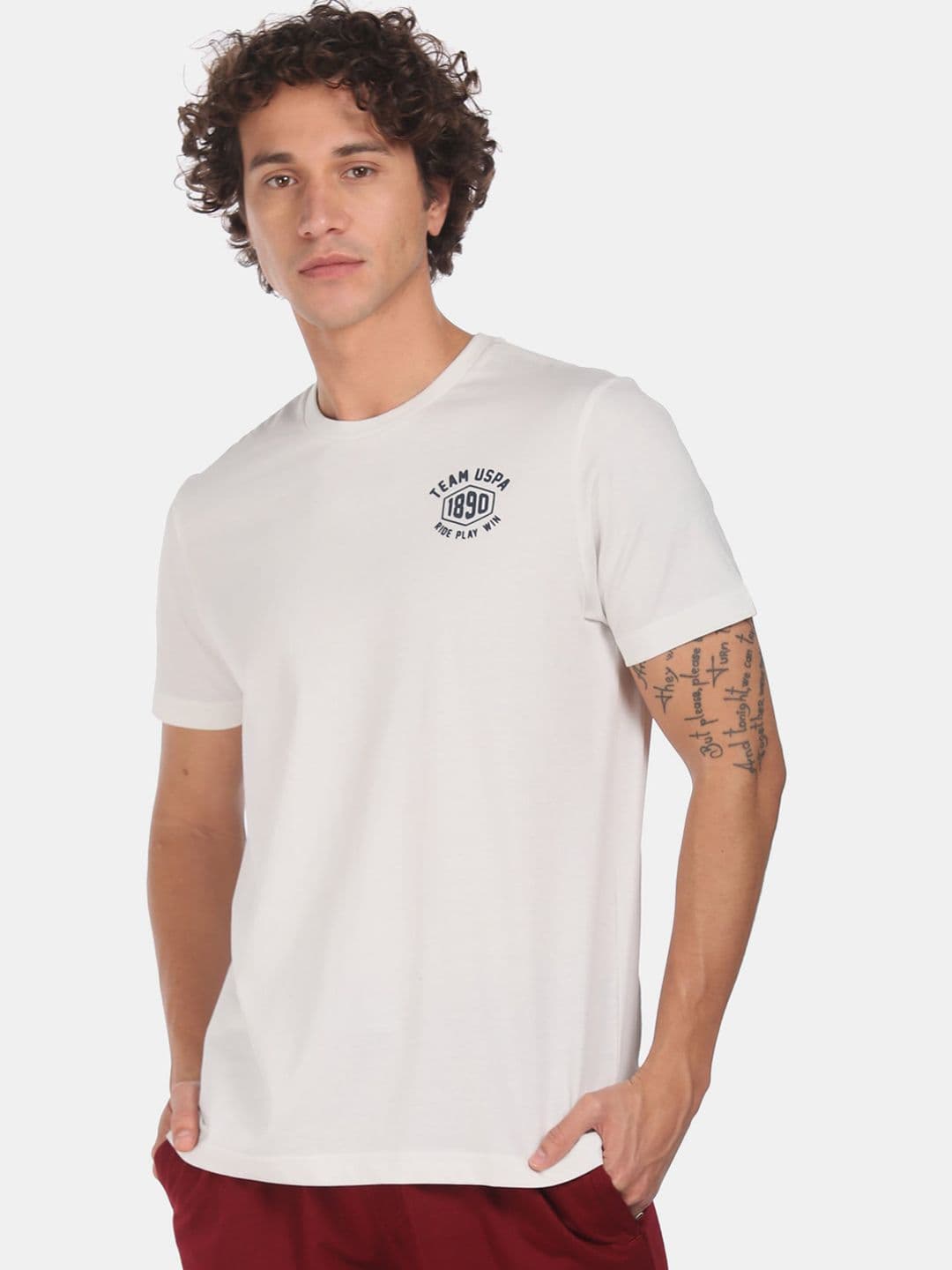 U.S. Polo Assn. Men Off-White Pure Cotton Solid Lounge T-Shirt - view 1