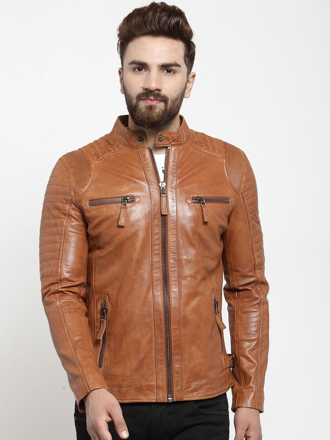 Teakwood Leathers Men Tan Genuine Leather Biker Jacket - view 1