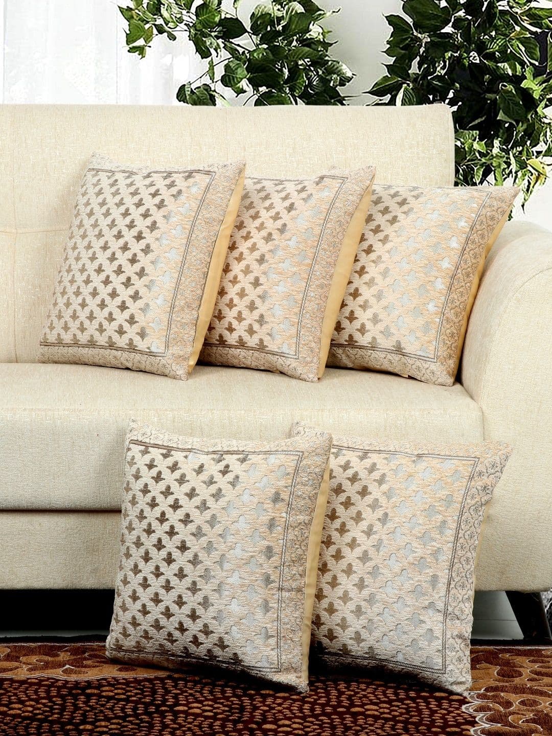 BELLA TRUE Cream Ethnic Motifs Polyester Durable 5 Piece Square Cushion Covers -16x16In - view 1