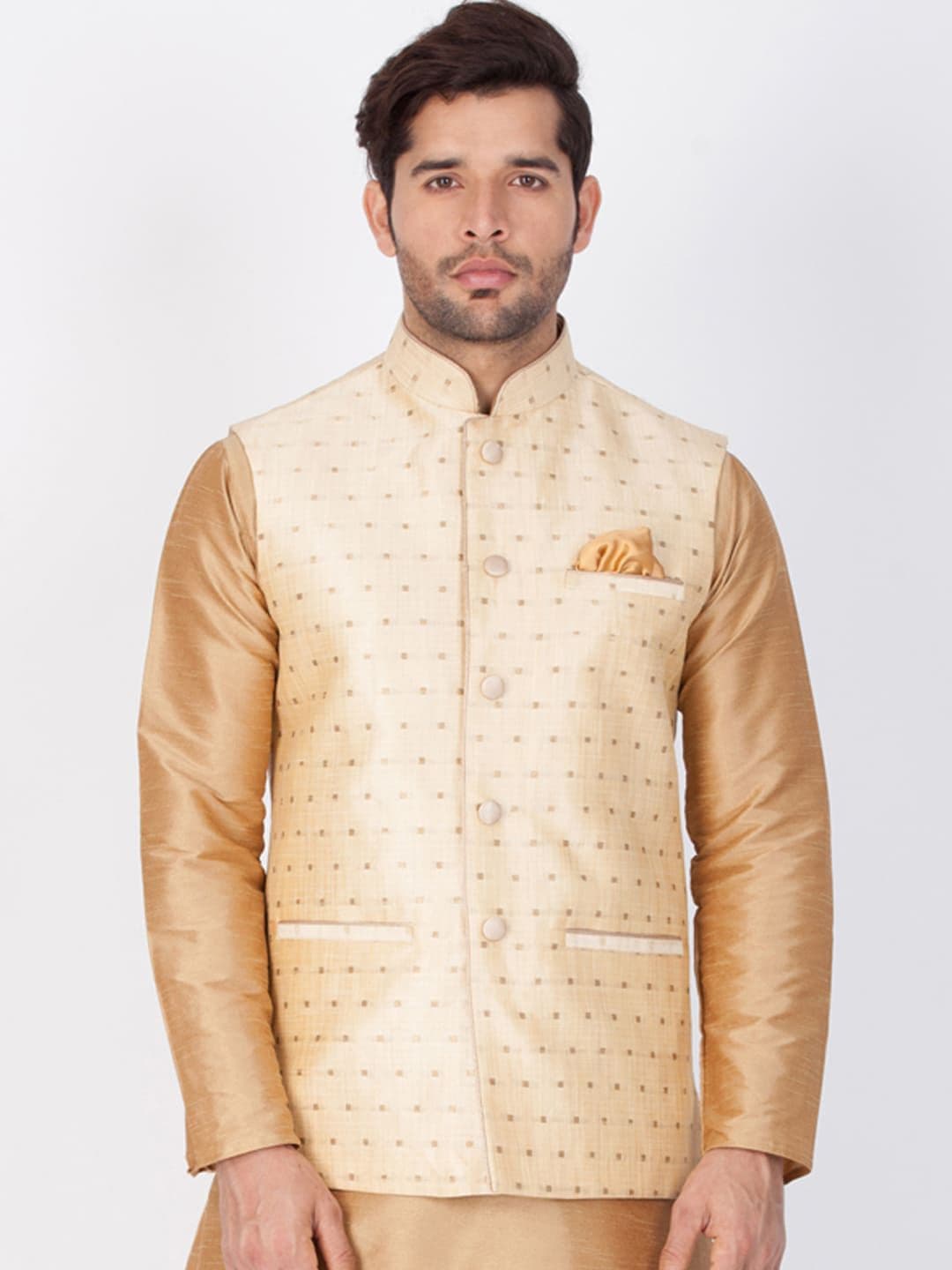 VASTRAMAY Men Gold-Coloured Woven Design Nehru Jacket - view 1