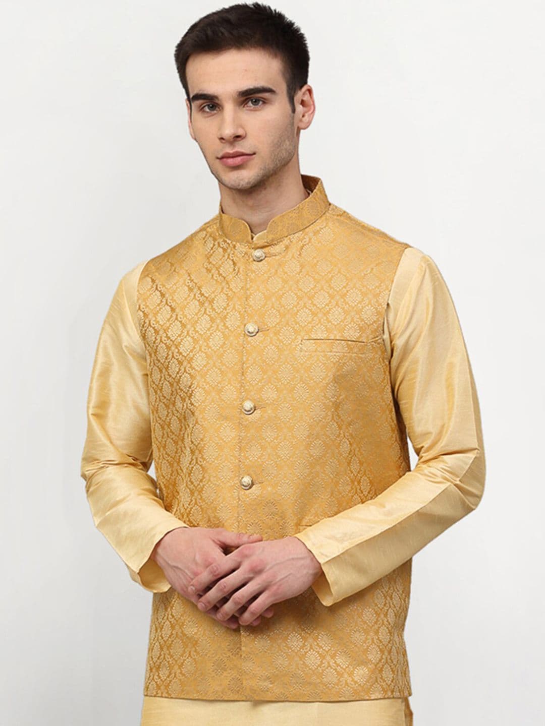 Jompers Men Gold-Coloured Woven-Design Nehru Jacket - view 1