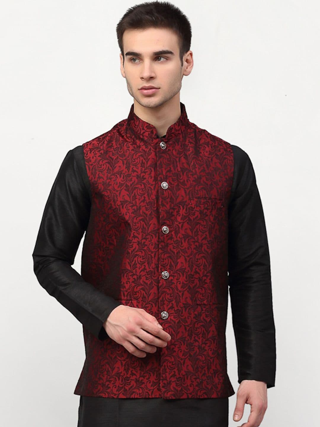 Jompers Men Maroon Woven Design Nehru Jacket - view 1