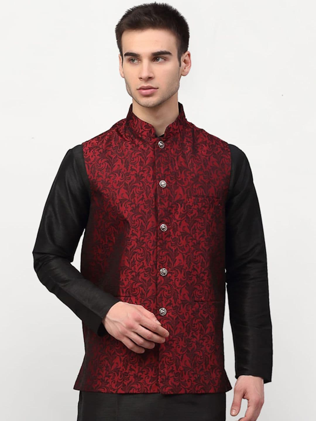 Jompers Men Maroon Woven Design Nehru Jacket - view 1
